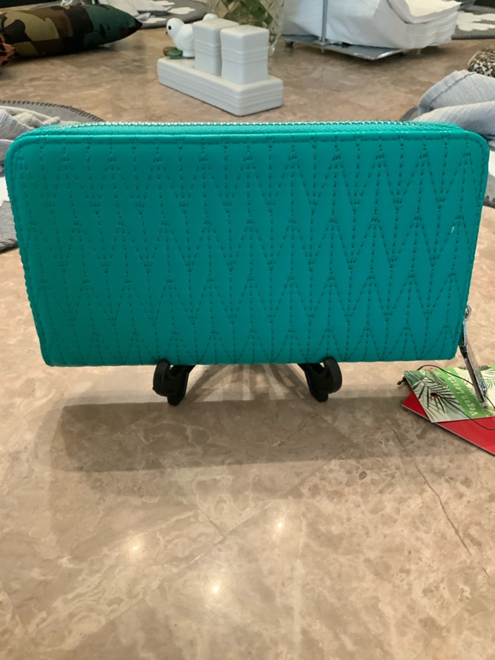 NWT Badgley Mischka Teal Quilted Zip-Around Wallet with Silver Logo - Picture 4 of 7